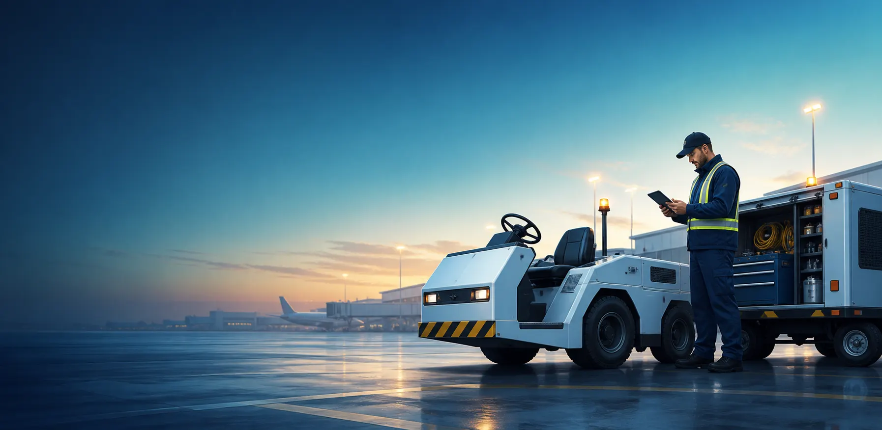 A ground-support technician recording maintenance on a tablet beside a baggage tug on the apron at dusk.